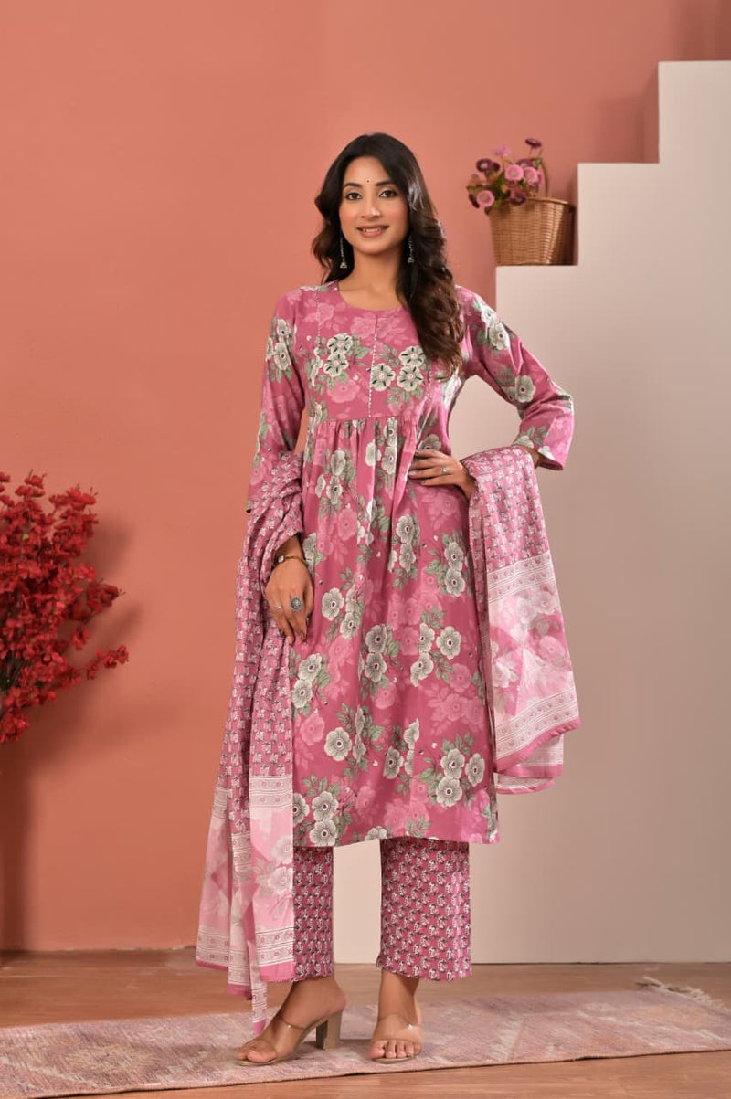 Women's Dusty Pink Floral Printed Cotton Gathering Kurta Set with Trousers & Dupatta