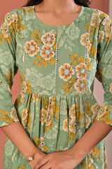 Women's Sage Green Floral Printed Cotton Gathered Kurta Set with Trousers & Dupatta
