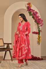 Women's Coral Pink Printed Anarkali Kurta Set with Trousers & Printed Dupatta