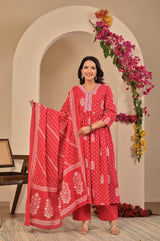 Women's Coral Pink Printed Anarkali Kurta Set with Trousers & Printed Dupatta