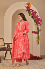 Women's Coral Pink Printed Anarkali Kurta Set with Trousers & Printed Dupatta
