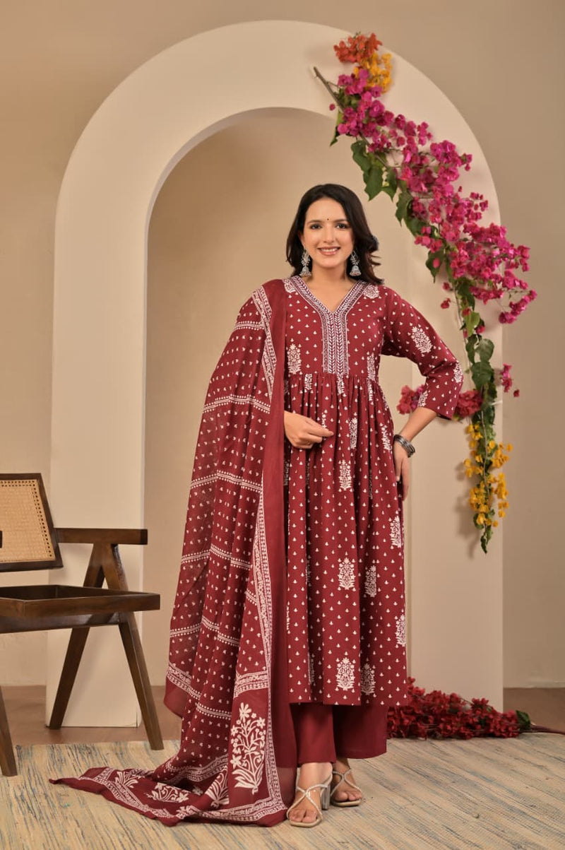 Women's Maroon Printed Anarkali Kurta Set with Trousers & Printed Dupatta