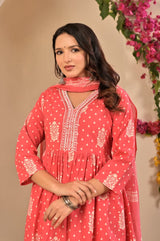 Women's Coral Pink Printed Anarkali Kurta Set with Trousers & Printed Dupatta