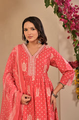 Women's Coral Pink Printed Anarkali Kurta Set with Trousers & Printed Dupatta
