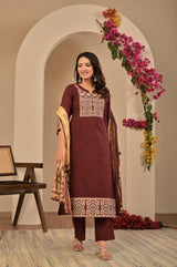 Women's Deep Maroon Yoke Embroidered Straight Cotton Kurta Set with Trousers & Contrast Printed Dupatta