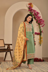 Women's Sage Green Yoke Embroidered Straight Cotton Kurta Set with Trousers & Contrast Printed Dupatta