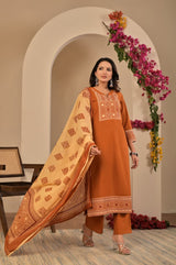 Women's Terracotta / Rust Brown Yoke Embroidered Straight Cotton Kurta Set with Trousers & Contrast Printed Dupatta
