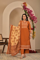 Women's Terracotta / Rust Brown Yoke Embroidered Straight Cotton Kurta Set with Trousers & Contrast Printed Dupatta