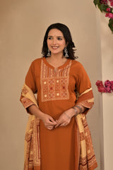 Women's Terracotta / Rust Brown Yoke Embroidered Straight Cotton Kurta Set with Trousers & Contrast Printed Dupatta