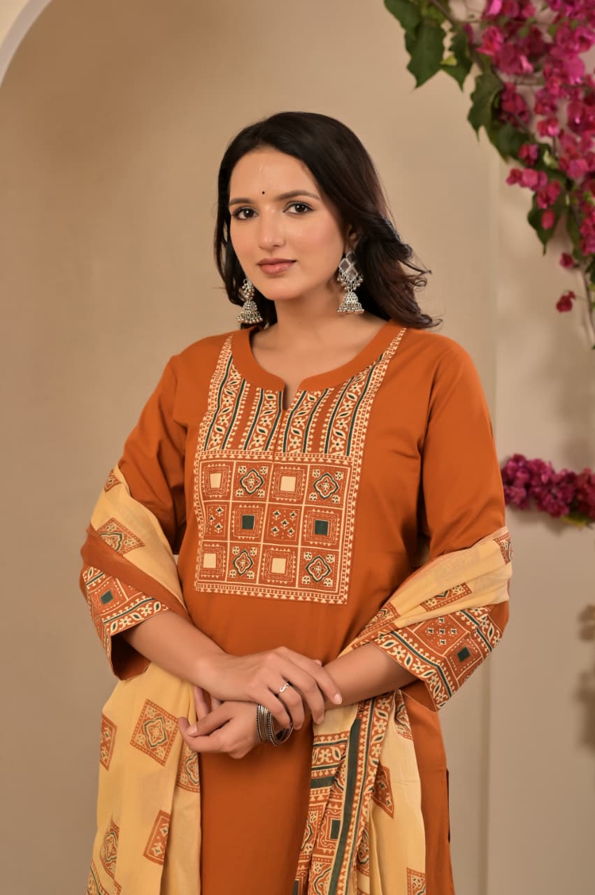 Women's Terracotta / Rust Brown Yoke Embroidered Straight Cotton Kurta Set with Trousers & Contrast Printed Dupatta