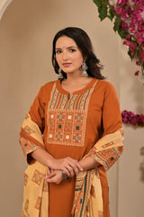 Women's Terracotta / Rust Brown Yoke Embroidered Straight Cotton Kurta Set with Trousers & Contrast Printed Dupatta