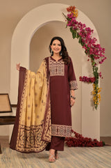 Women's Deep Maroon Yoke Embroidered Straight Cotton Kurta Set with Trousers & Contrast Printed Dupatta