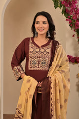 Women's Deep Maroon Yoke Embroidered Straight Cotton Kurta Set with Trousers & Contrast Printed Dupatta