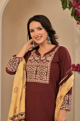 Women's Deep Maroon Yoke Embroidered Straight Cotton Kurta Set with Trousers & Contrast Printed Dupatta