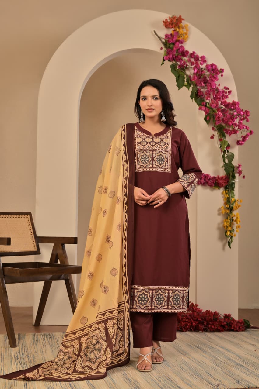 Women's Deep Maroon Yoke Embroidered Straight Cotton Kurta Set with Trousers & Contrast Printed Dupatta
