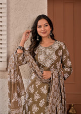 Women's Taupe Brown Floral Printed & Yoke Embroidered Cotton Kurta Set with Trousers & Dupatta