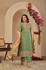 Women's Sage Green Yoke Embroidered Straight Cotton Kurta Set with Trousers & Contrast Printed Dupatta