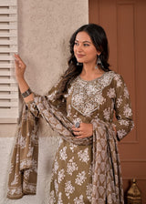 Women's Taupe Brown Floral Printed & Yoke Embroidered Cotton Kurta Set with Trousers & Dupatta