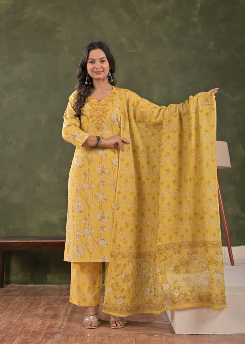 Women's Mustard Yellow Floral Printed Straight Cotton Kurta Set with Trousers & Printed Dupatta