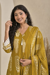 Elegant Yellow Paisley Printed Anarkali Kurta Set with Matching Dupatta & Trousers
