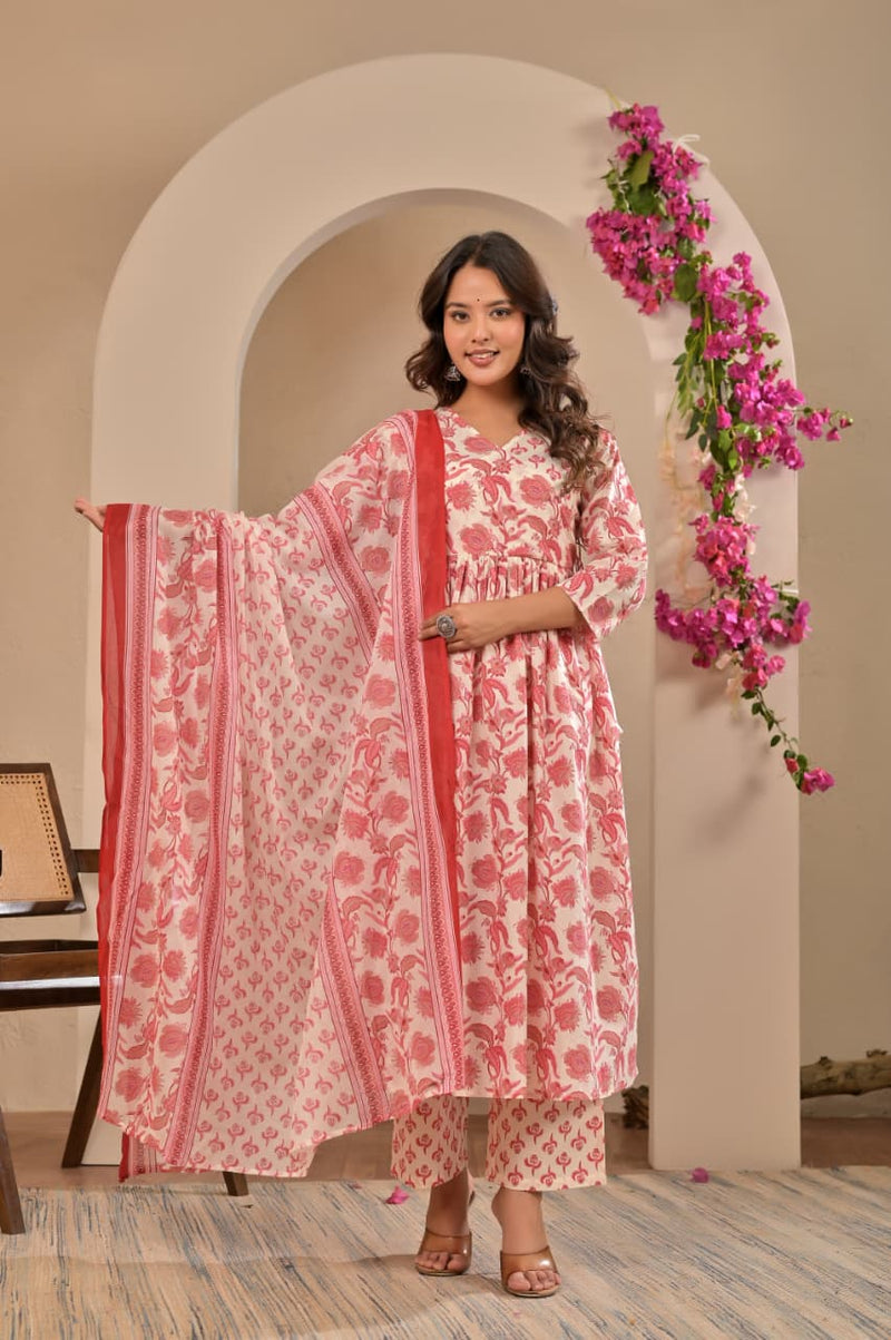 Women's Off-White & Pink Floral Printed Anarkali Kurta Set with Trousers & Printed Dupatta