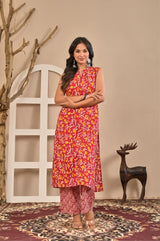 Women's Vibrant Red & Yellow Floral Printed Sleeveless Straight Kurta Set with Printed Trousers
