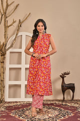 Women's Vibrant Red & Yellow Floral Printed Sleeveless Straight Kurta Set with Printed Trousers