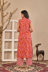 Women's Vibrant Red & Yellow Floral Printed Sleeveless Straight Kurta Set with Printed Trousers