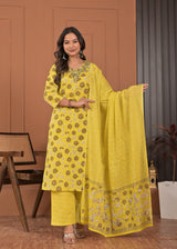 Women's Bright Lemon Yellow Floral Printed Cotton Kurta Set with Neckline Work, Trousers & Dupatta