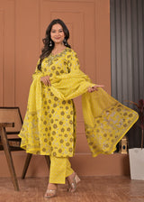 Women's Bright Lemon Yellow Floral Printed Cotton Kurta Set with Neckline Work, Trousers & Dupatta