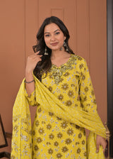 Women's Bright Lemon Yellow Floral Printed Cotton Kurta Set with Neckline Work, Trousers & Dupatta