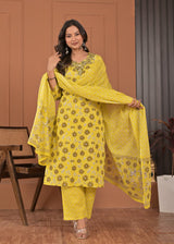 Women's Bright Lemon Yellow Floral Printed Cotton Kurta Set with Neckline Work, Trousers & Dupatta