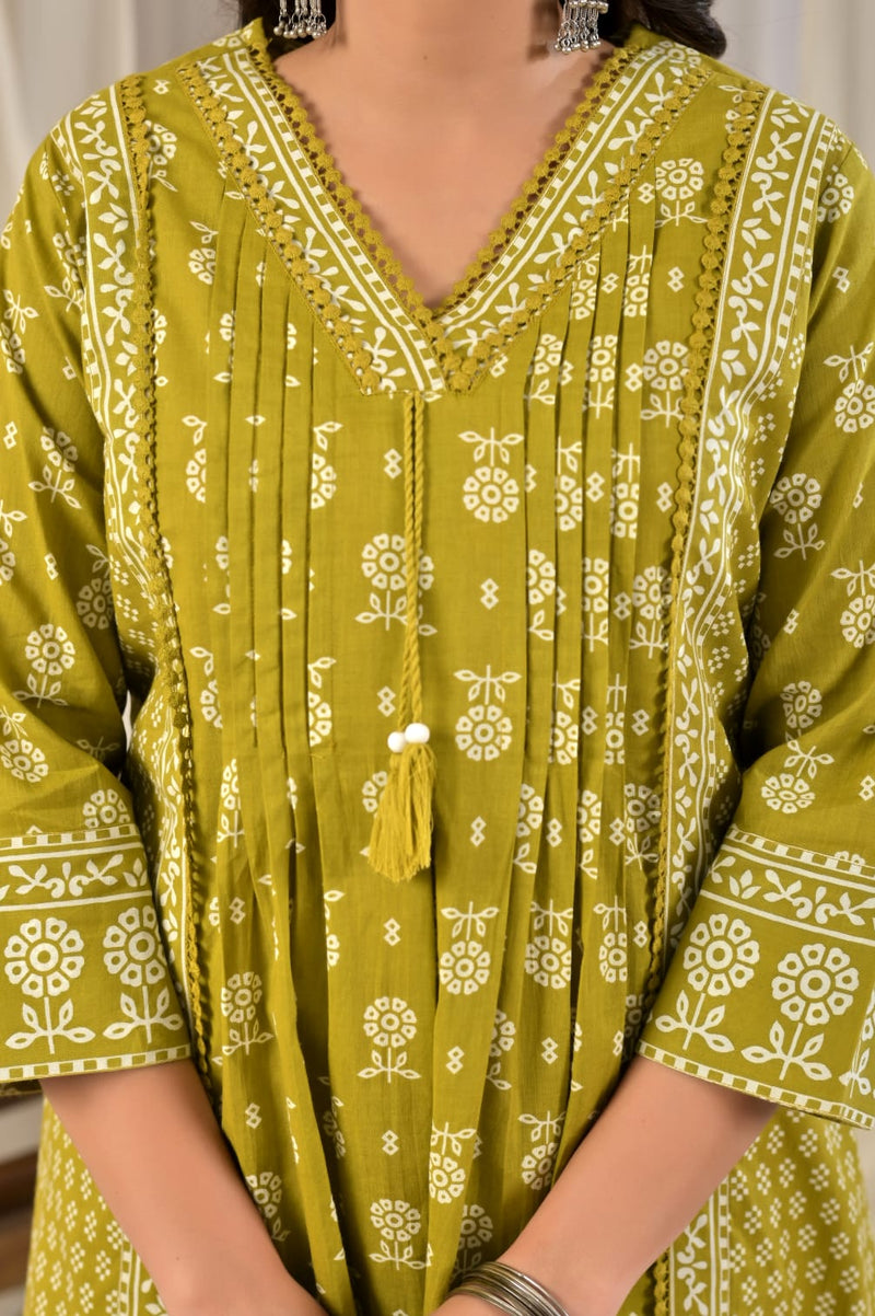 Women's Olive Green & Lime Bandhani Printed Pleated Anarkali Kurta Set with Trousers & Dupatta