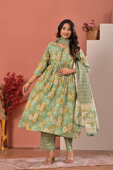 Women's Sage Green Floral Printed Gathered Anarkali Kurta Set with Trousers & Dupatta