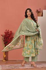 Women's Sage Green Floral Printed Gathered Anarkali Kurta Set with Trousers & Dupatta