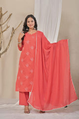 Women's Coral Pink Embroidered Straight Cotton Kurta Set with Trousers & Solid Dupatta