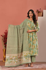 Women's Sage Green Floral Printed Gathered Anarkali Kurta Set with Trousers & Dupatta