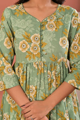 Women's Sage Green Floral Printed Gathered Anarkali Kurta Set with Trousers & Dupatta