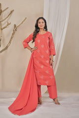 Women's Coral Pink Embroidered Straight Cotton Kurta Set with Trousers & Solid Dupatta