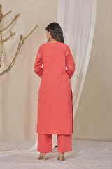 Women's Coral Pink Embroidered Straight Cotton Kurta Set with Trousers & Solid Dupatta