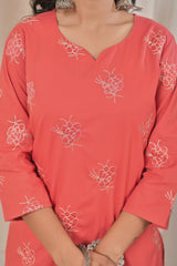 Women's Coral Pink Embroidered Straight Cotton Kurta Set with Trousers & Solid Dupatta