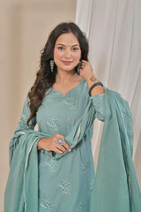 Women's Sage Green Embroidered Straight Cotton Kurta Set with Trousers & Solid Dupatta