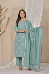 Women's Sage Green Embroidered Straight Cotton Kurta Set with Trousers & Solid Dupatta