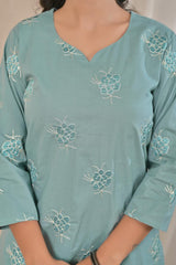Women's Sage Green Embroidered Straight Cotton Kurta Set with Trousers & Solid Dupatta
