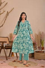 Elegance Teal Floral Printed Cotton Kurta Set with Dupatta