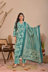 Elegance Teal Floral Printed Cotton Kurta Set with Dupatta