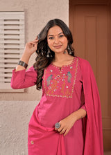 Women's Dark Pink Embroidered Straight Cotton Kurta Set with Trousers & Dupatta