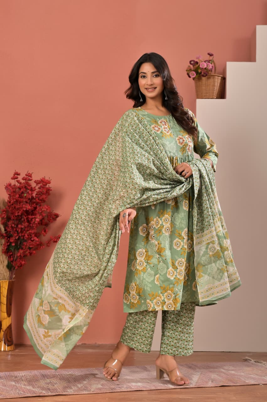 Women's Sage Green Floral Printed Cotton Gathered Kurta Set with Trousers & Dupatta