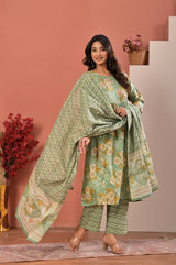 Women's Sage Green Floral Printed Cotton Gathered Kurta Set with Trousers & Dupatta