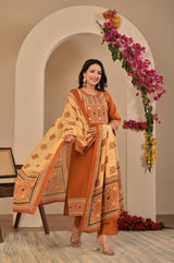 Women's Terracotta / Rust Brown Yoke Embroidered Straight Cotton Kurta Set with Trousers & Contrast Printed Dupatta